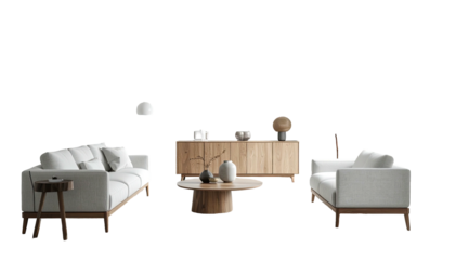 Minimalist living room set sofa, armchair, cabinet, coffee table, decor