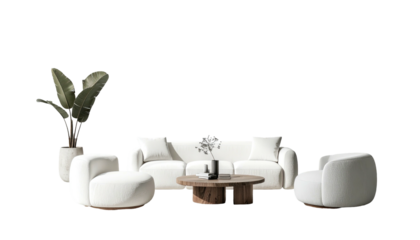 Interior scene features modern white furniture, plants, and a coffee table