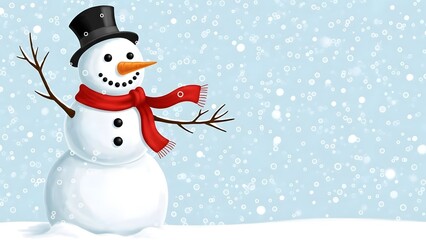 A cheerful snowman wearing a red scarf and black top hat in a snowy scene with a light blue background and snowflakes