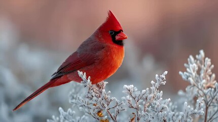 Vibrant red cardinal bird perched amidst snowy branches in natural setting