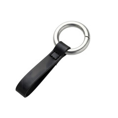 Black leather strap keychain with stainless steel split ring on transparent background