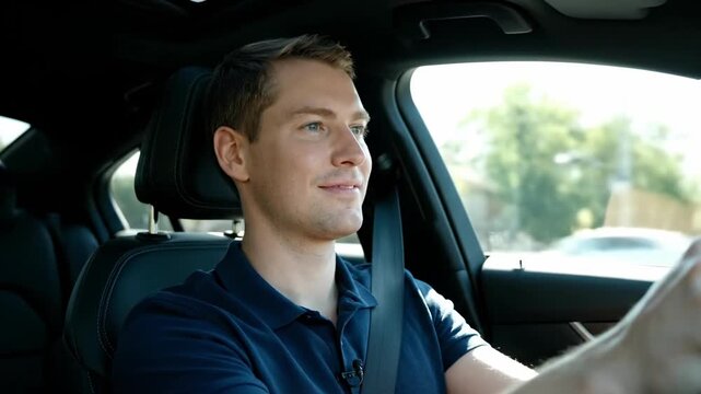 Smiling young man driving car with seatbelt on sunny day
