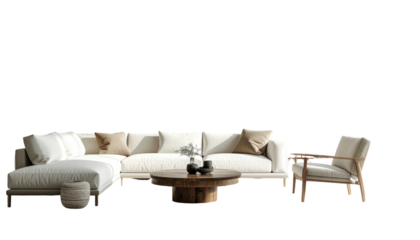 Modern living room setup features sectional sofa, chair, and coffee table