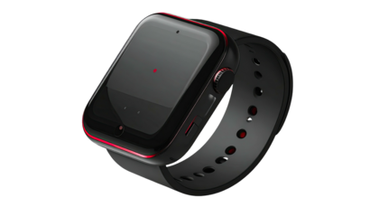 Black smartwatch with red accents and a dark strap, isolated on black