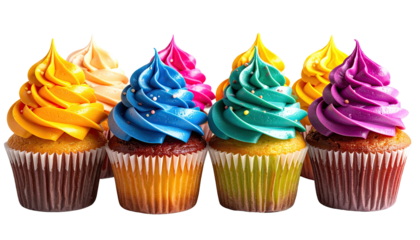 Array of colorful cupcakes with swirled frosting on a black backdrop