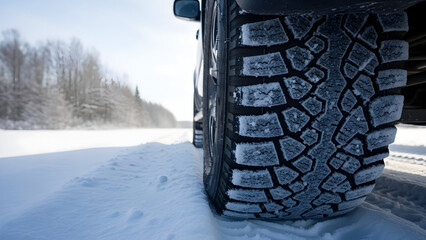 Close-up of a rugged off-road tire on a snowy winter road with trees in the background showcasing winter driving conditions and vehicle durability in cold weather