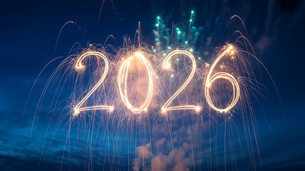 Bright fireworks forming the year 2026 against a dark blue night sky with sparkling light trails