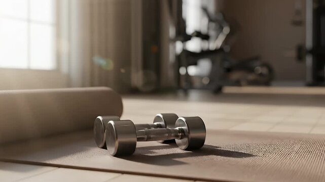 A tranquil and motivating home workout scene featuring a rolled yoga mat and a pair of dumbbells on a light wooden floor. Soft, natural light streams through a distant window, creating a warm, invitin