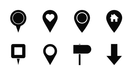 A collection of black map pin and location icons on a white background