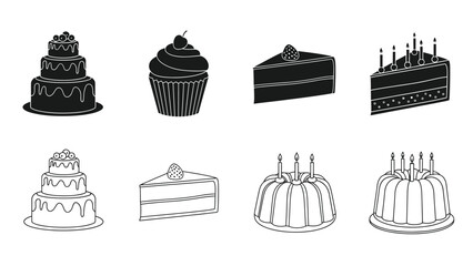 Variety of delicious cakes and cupcakes in black and white illustration