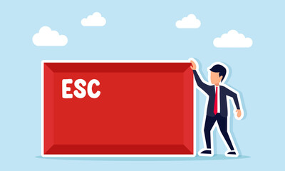 Businessman standing near escape button illustrating exit from business cooperation and agreement