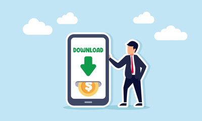 Businessman standing near smartphone showing download text and dollar coins illustrating taking profit from business project