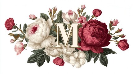 Floral monogram wreath with open center isolated on white background