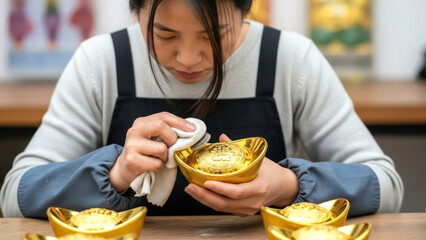 Woman Polishing Gold Sycee Ingots for Lunar New Year Celebration