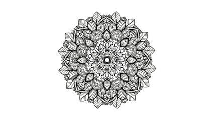 Intricate black and white floral mandala with detailed leaf patterns