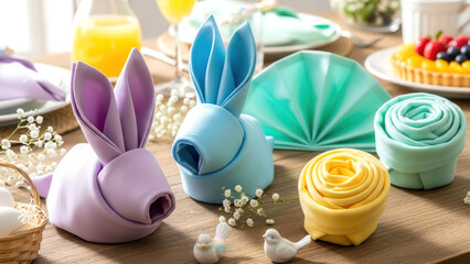 Easter Table Decoration with Bunny Shaped Napkins and Spring Decor