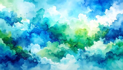 blue green and white watercolor background with abstract cloudy sky concept with color splash design and fringe bleed stains and blobs