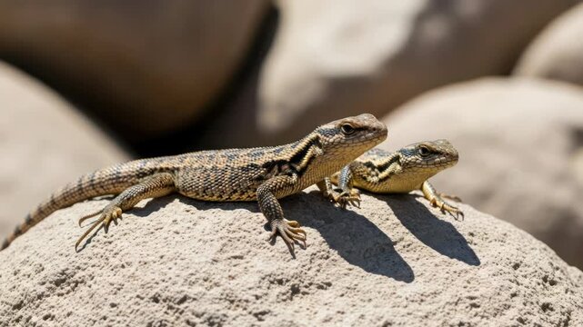 Two lizards bask on a textured rock in bright sunlight with a soft focus background