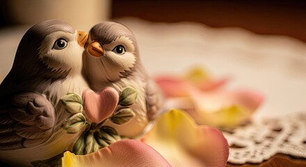 Bird figurines with heart, rose petals, romantic Valentine&rsquo;s Day decoration