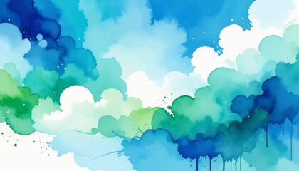 blue green and white watercolor background with abstract cloudy sky concept with color splash design and fringe bleed stains and blobs