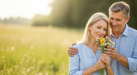 Man giving woman flowers at sunset, romantic Valentine&rsquo;s Day gesture