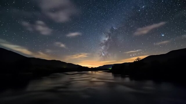 Starry night sky over dark, gently flowing river, framed by silhouetted mountains under wispy clouds