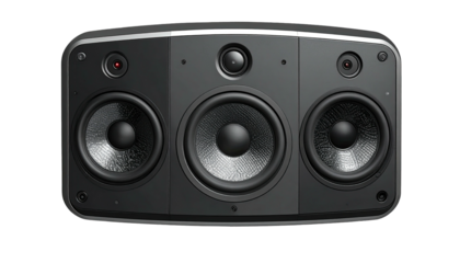 Sleek, dark grey sound system with multiple speakers and control features