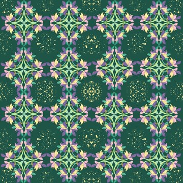 Seamless Ornamental Floral Pattern with Elegant Botanical Motifs on Dark Green Background