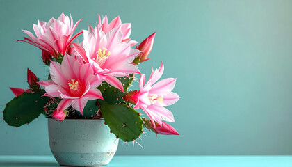 Christmas cactus (Schlumbergera) in full bloom, pastel background