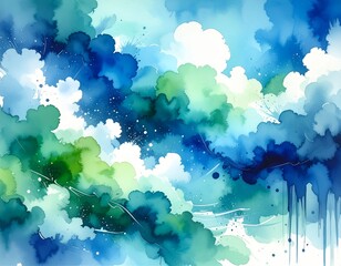 blue green and white watercolor background with abstract cloudy sky concept with color splash design and fringe bleed stains and blobs
