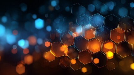 Abstract futuristic technology background with glowing hexagons and digital network patterns for innovation, AI, data visualization, and high-tech design concepts