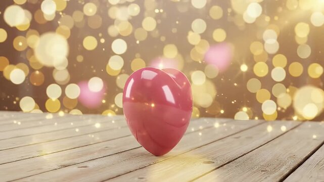 A vibrant, glossy pink three-dimensional heart gracefully pulsates and subtly transforms from an oval into its classic shape on a rustic wooden surface. The captivating movement unfolds against a drea
