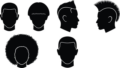 Diverse Men's and Women's Haircuts and Hairstyles Vector Silhouettes Set Including Afro, Buzz Cut, Bowl Cut, Fade, and Mohawk for Salon and Barber Shop Design.