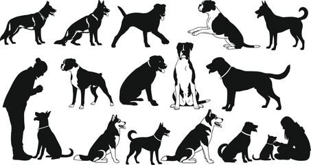 Dog Breeds Silhouettes Vector Set: Owner Pet Partnership, Training, Loyalty, and Friendship Black and White Collection