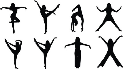 Dynamic and Graceful Black Silhouettes of Female Dancers, Gymnasts, and Models in Various Athletic, Artistic, and Expressive Poses for Design