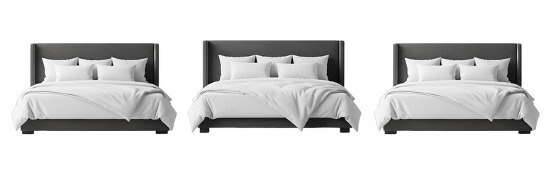 Modern Bed with White Bedding Set Isolated on White Background