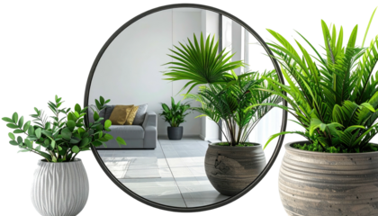 Room with potted plants, mirror reflecting a couch and other greenery