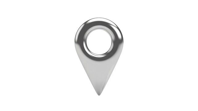 Shiny metallic silver map location pin icon rendered in 3d on a solid
