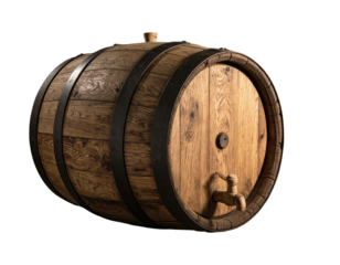 A wooden barrel with metal bands and a spigot, isolated on black