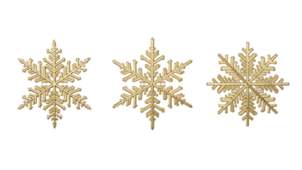 Three intricate golden snowflakes isolated on transparent background