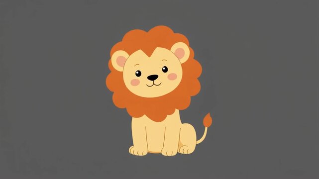 Cute cartoon lion with orange mane sitting and smiling flat vector simple style