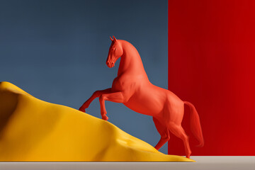 2026 Red horse sculpture climbing abstract hills with bold geometric background in modern minimalist illustration style