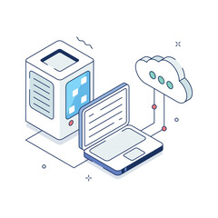 Cloud based data storage system with server and device connectivity trendy isometric illustration