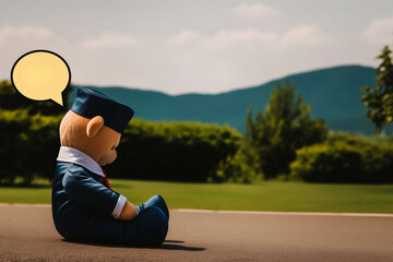 Teddy bear character sitting outdoors with speech bubble in calm playful storytelling illustration style