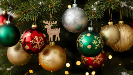 Festive Christmas Ornaments and Decorations Adorning a Pine Tree Branch