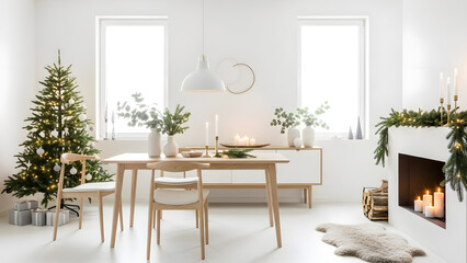 Elegant Christmas dining room with a decorated tree, fireplace, and modern furniture