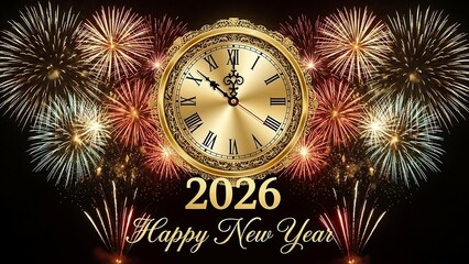 Celebrating new year 2026 with fireworks and clock