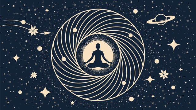 Person meditating in space with stars and planets swirling around