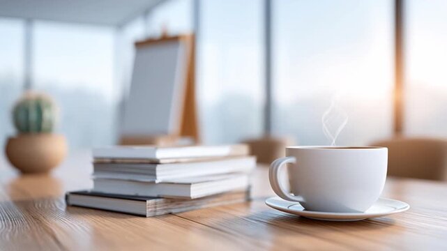 Warm coffee cup on wooden table with stack of books notebook and blurred office window light sunlight steam workspace cup table office coffee book notebook steam workspace sunlight cup