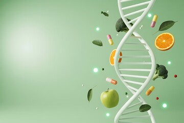 3 D Rendered D N A Helix with Floating Fruits Vegetables and Pills on Green Background